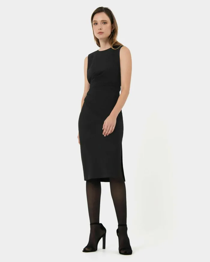 Forcast Faith Side Pleated Midi Dress Navyblack Women Midi Dresses