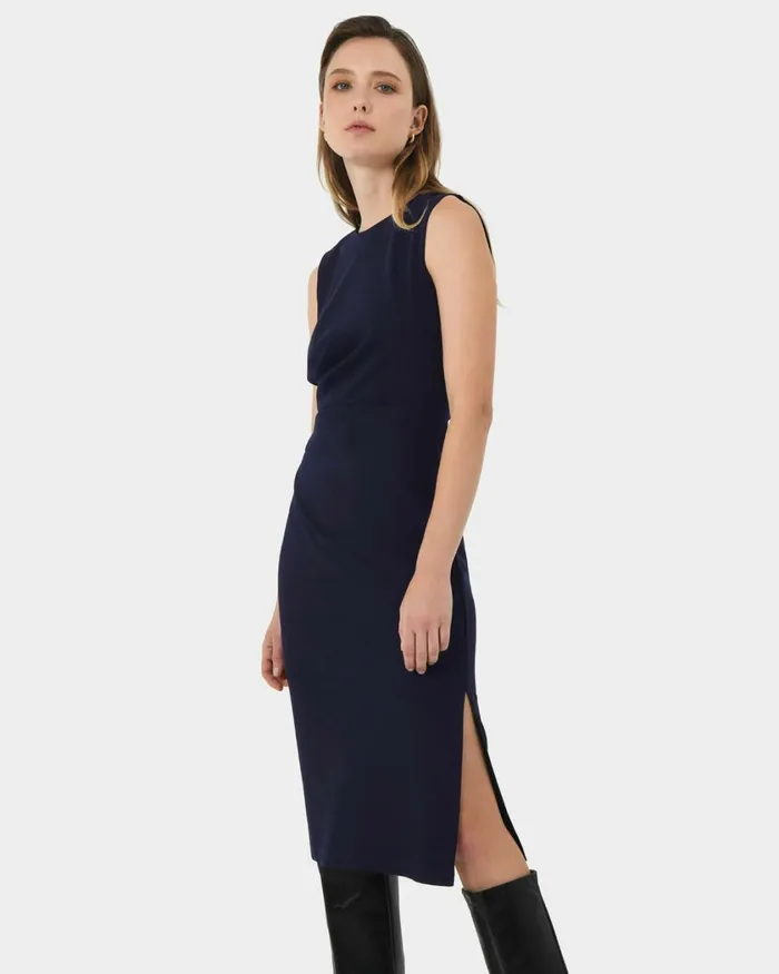 Forcast Faith Side Pleated Midi Dress Navyblack Women Midi Dresses
