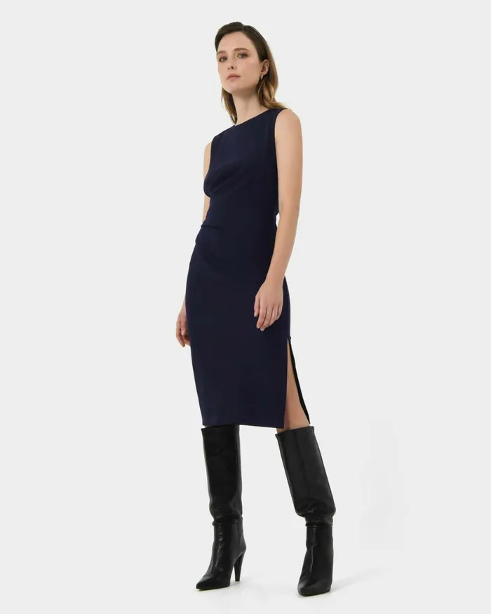 Forcast Faith Side Pleated Midi Dress Navyblack Women Midi Dresses