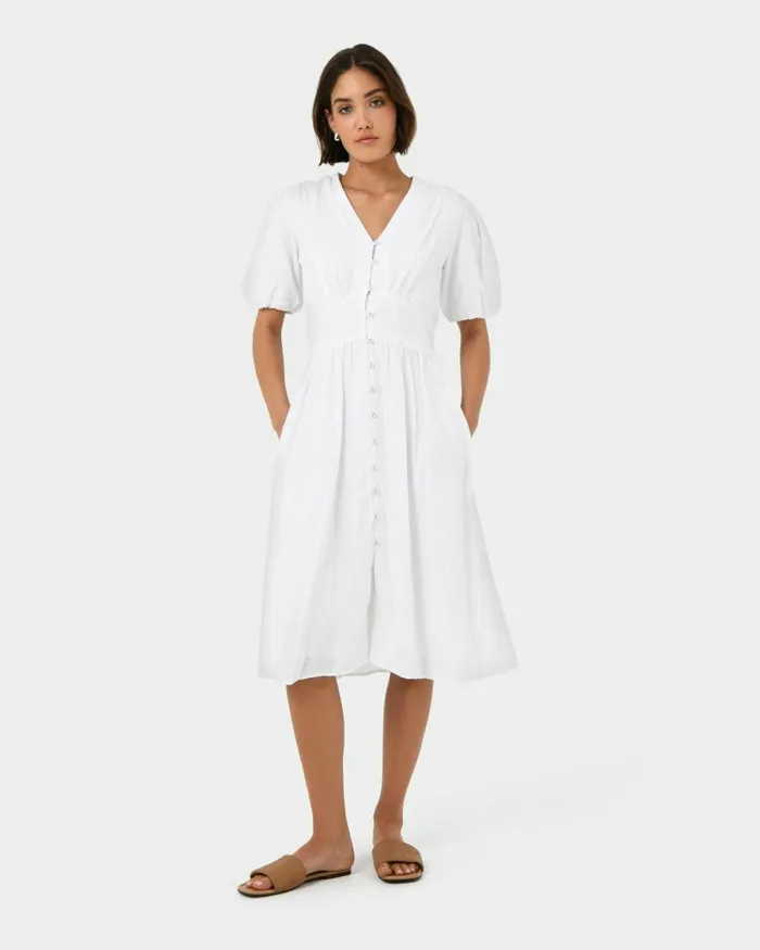 Forcast Fernanda Linen Dress Whitepink Women Midi Dresses