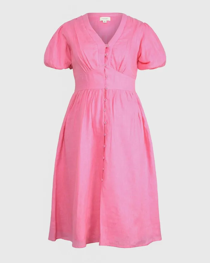 Forcast Fernanda Linen Dress Whitepink Women Midi Dresses