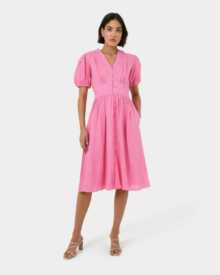 Forcast Fernanda Linen Dress Whitepink Women Midi Dresses