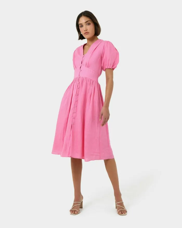 Forcast Fernanda Linen Dress Whitepink Women Midi Dresses