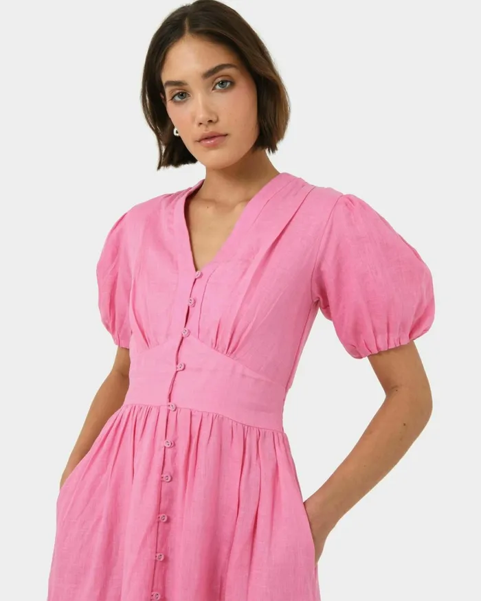 Forcast Fernanda Linen Dress Whitepink Women Midi Dresses