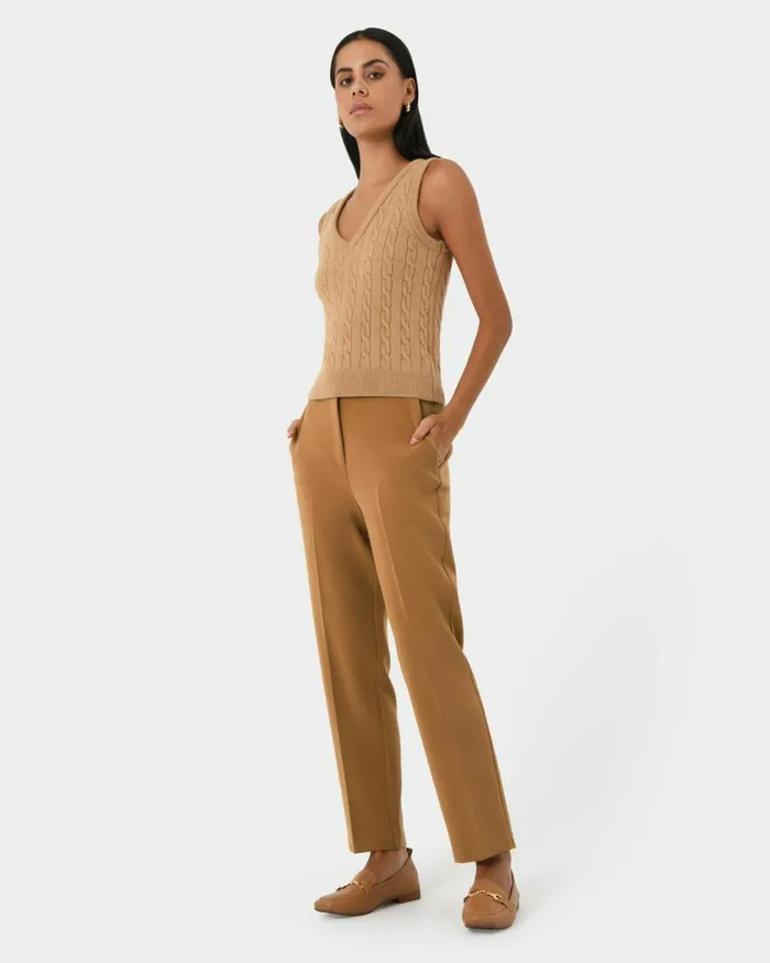 Forcast Finnley Slim Trousers Tan Women HighWaisted Pants