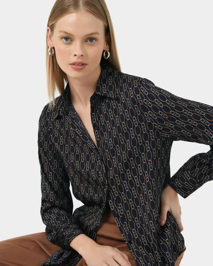 Forcast Freya Chain Print Blouse Navy Women TShirts and Tops