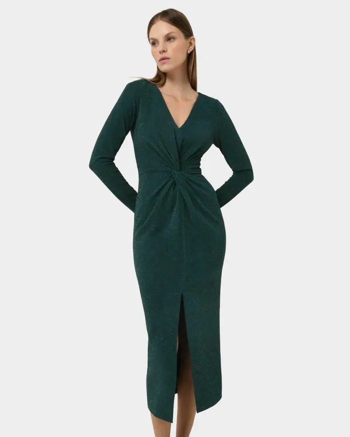 Forcast Giada Twist Knit Glitter Dress Greenblack Women Midi Dresses