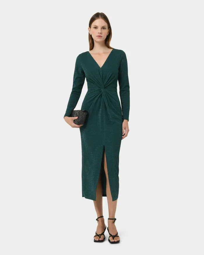 Forcast Giada Twist Knit Glitter Dress Greenblack Women Midi Dresses