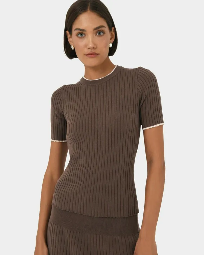 Forcast Hanni Contrast Knit Top Cocoa and Beige Ivory Women TShirts and Tops