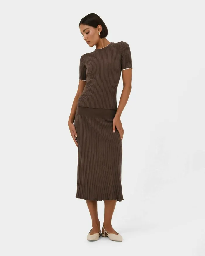 Forcast Hanni Contrast Knit Top Cocoa and Beige Ivory Women TShirts and Tops