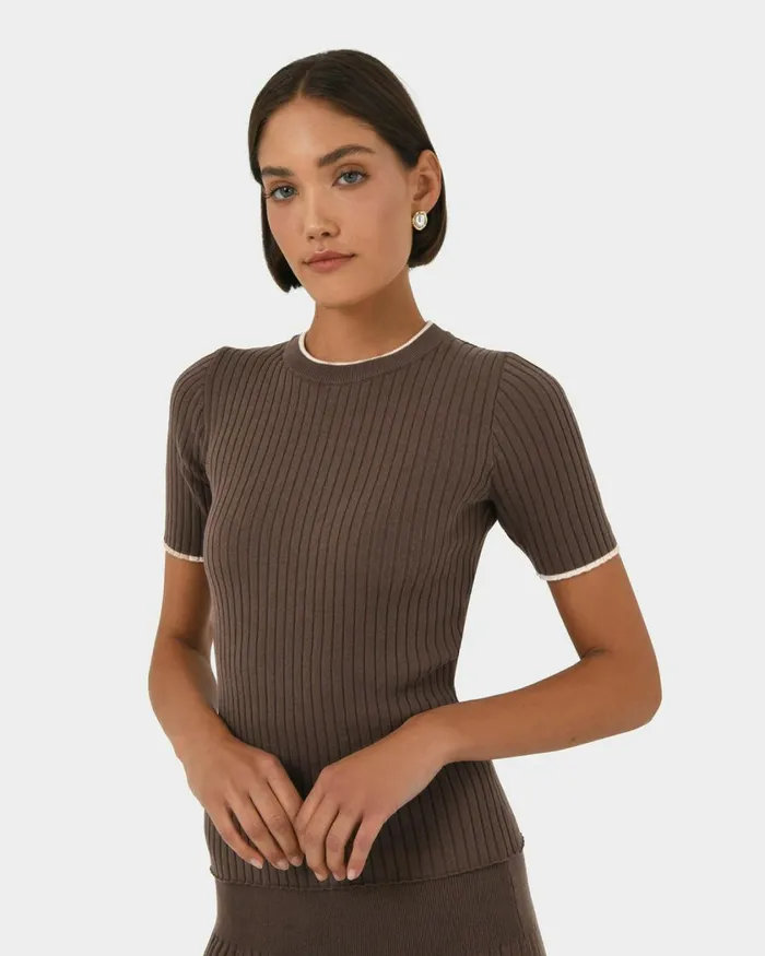 Forcast Hanni Contrast Knit Top Cocoa and Beige Ivory Women TShirts and Tops