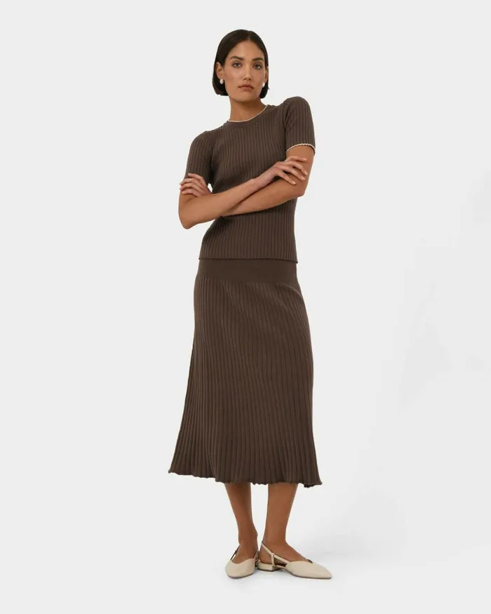 Forcast Hanni Contrast Knit Top Cocoa and Beige Ivory Women TShirts and Tops
