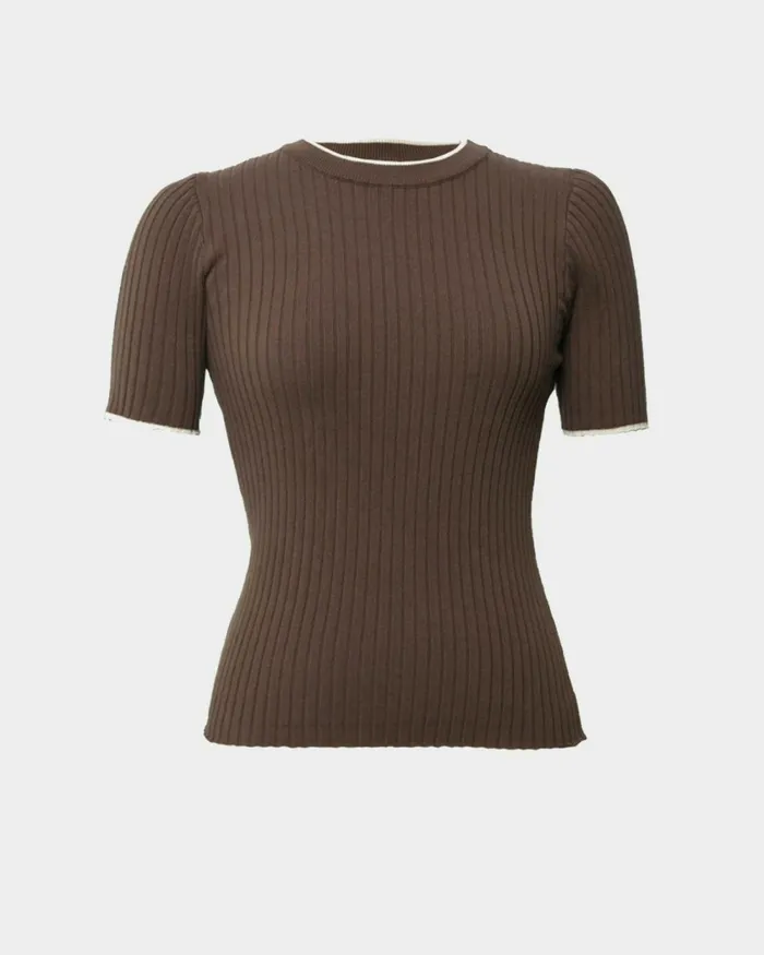 Forcast Hanni Contrast Knit Top Cocoa and Beige Ivory Women TShirts and Tops