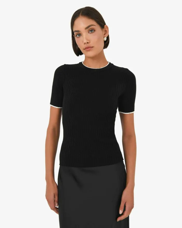 Forcast Hanni Contrast Knit Top Cocoa and Beige Ivory Women TShirts and Tops