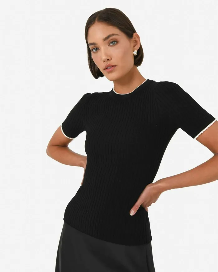 Forcast Hanni Contrast Knit Top Cocoa and Beige Ivory Women TShirts and Tops