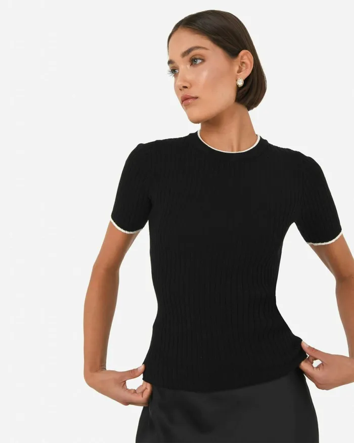 Forcast Hanni Contrast Knit Top Cocoa and Beige Ivory Women TShirts and Tops