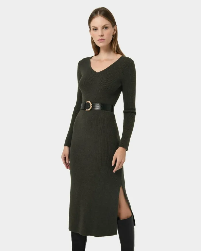 Forcast Harriet Tie Waist Knit Dress Olive Khakibalsam Women Midi Dresses