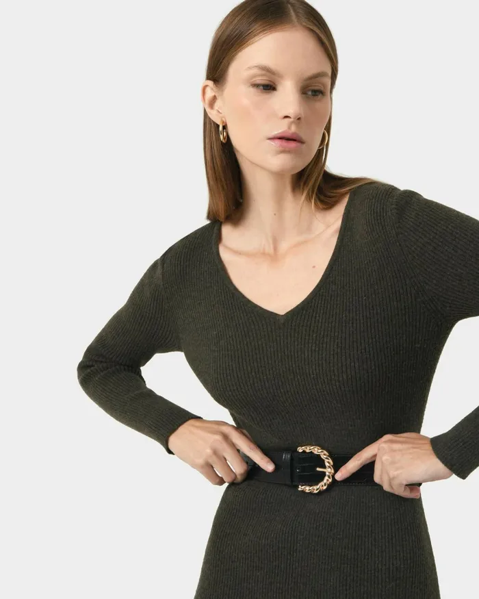 Forcast Harriet Tie Waist Knit Dress Olive Khakibalsam Women Midi Dresses