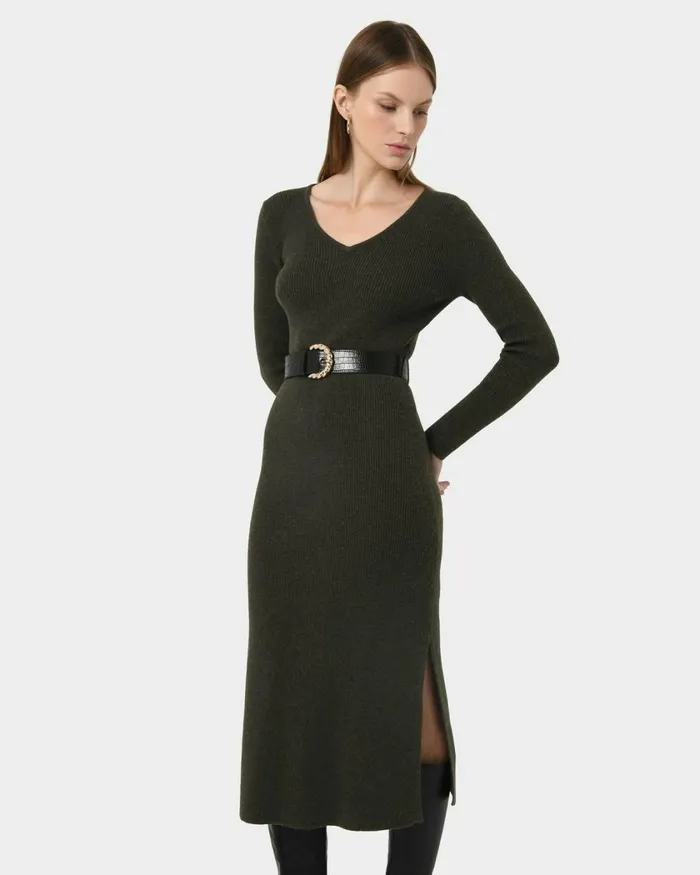 Forcast Harriet Tie Waist Knit Dress Olive Khakibalsam Women Midi Dresses