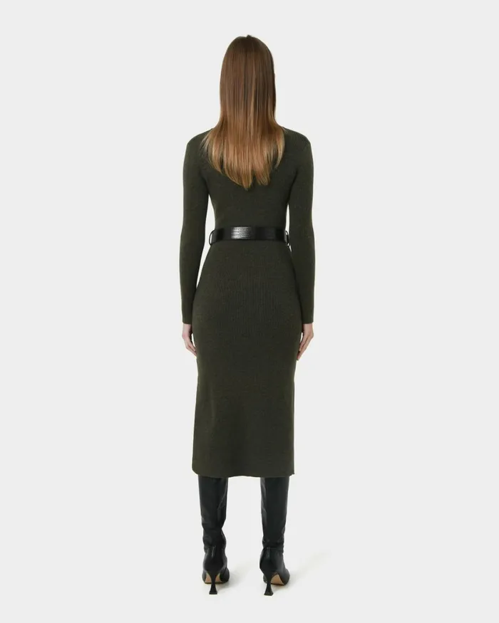 Forcast Harriet Tie Waist Knit Dress Olive Khakibalsam Women Midi Dresses