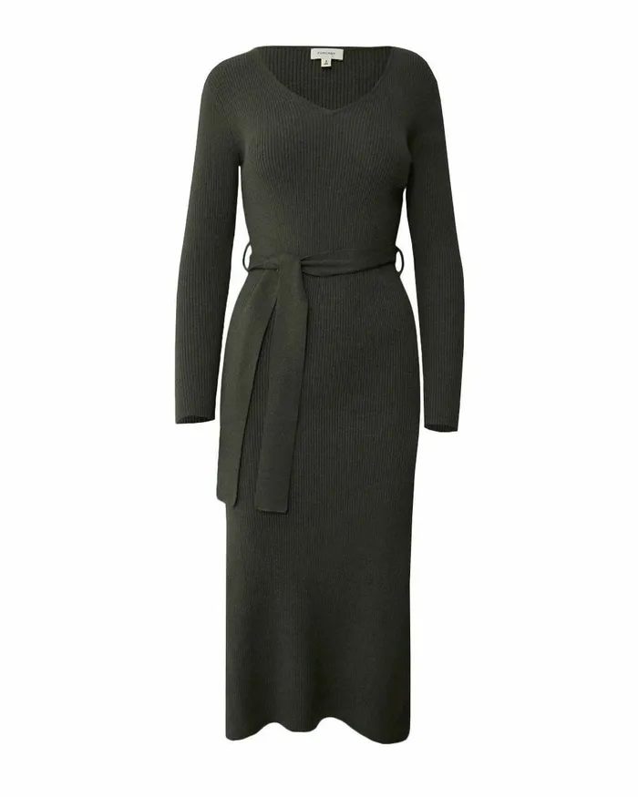 Forcast Harriet Tie Waist Knit Dress Olive Khakibalsam Women Midi Dresses