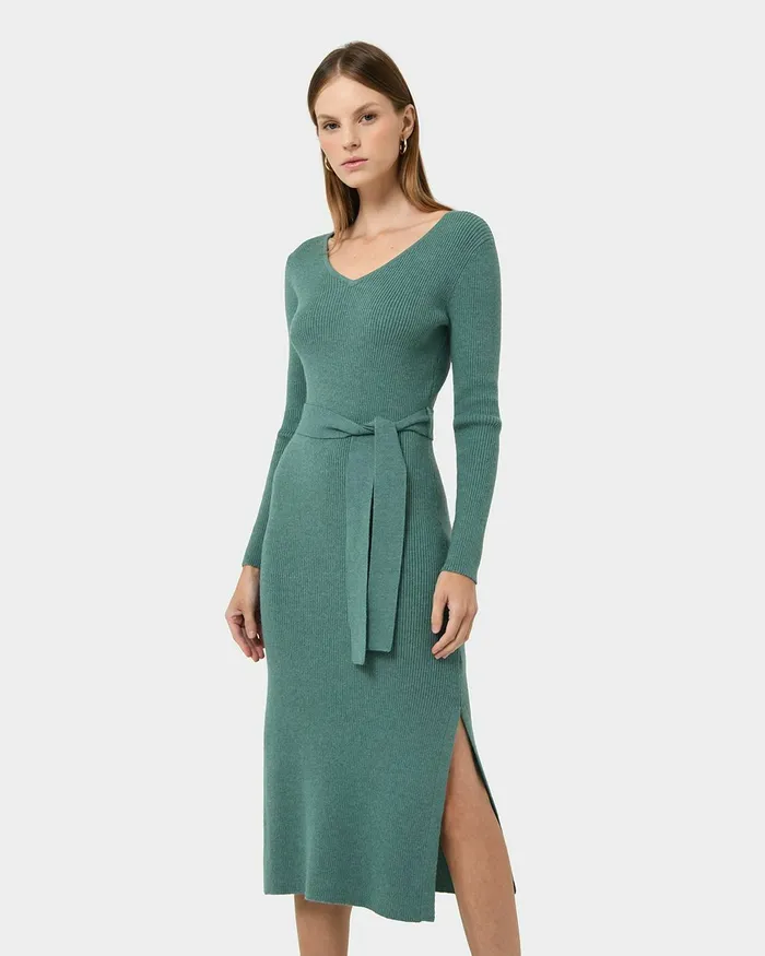 Forcast Harriet Tie Waist Knit Dress Olive Khakibalsam Women Midi Dresses