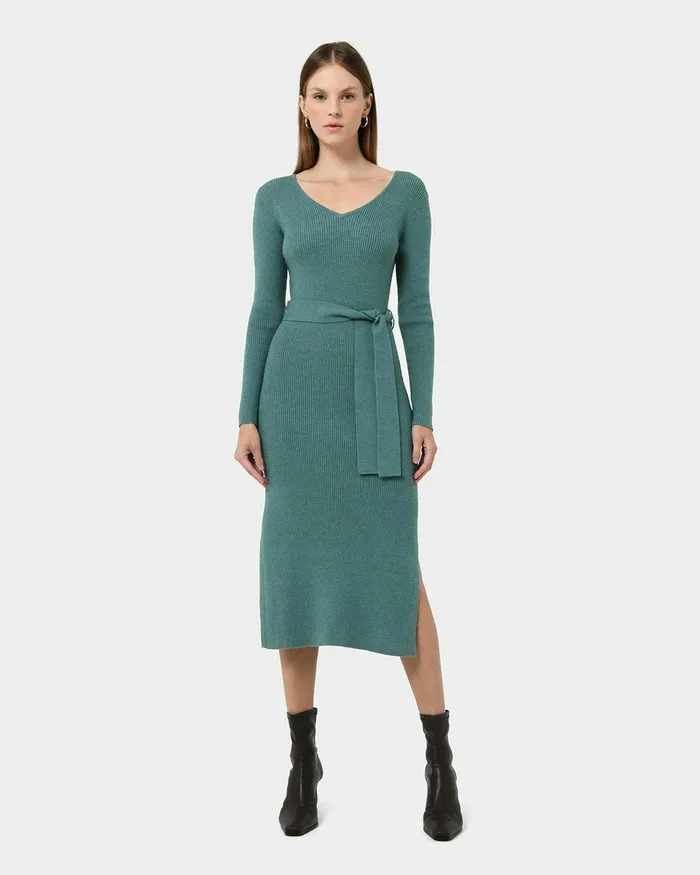 Forcast Harriet Tie Waist Knit Dress Olive Khakibalsam Women Midi Dresses