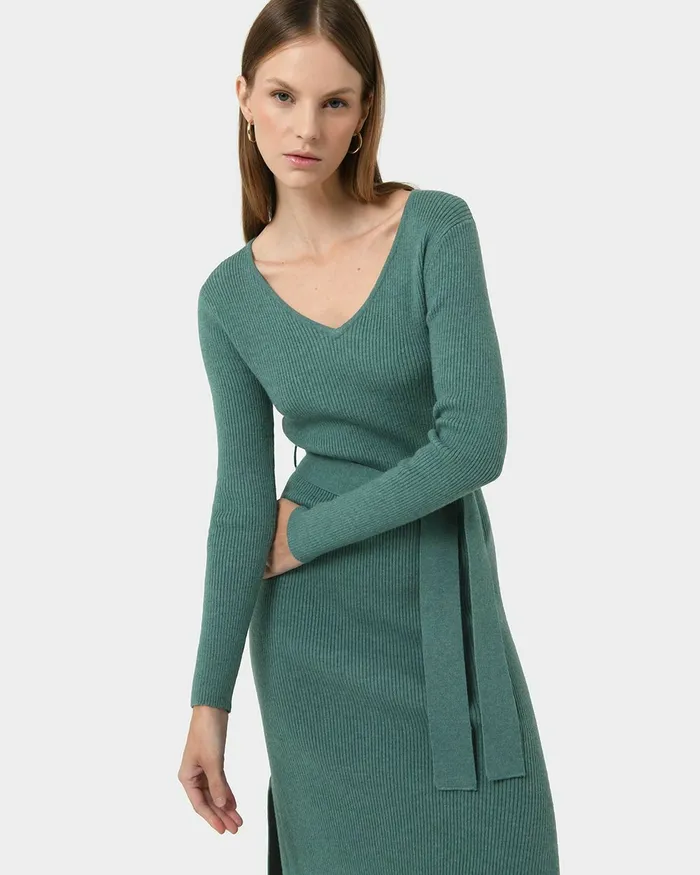 Forcast Harriet Tie Waist Knit Dress Olive Khakibalsam Women Midi Dresses