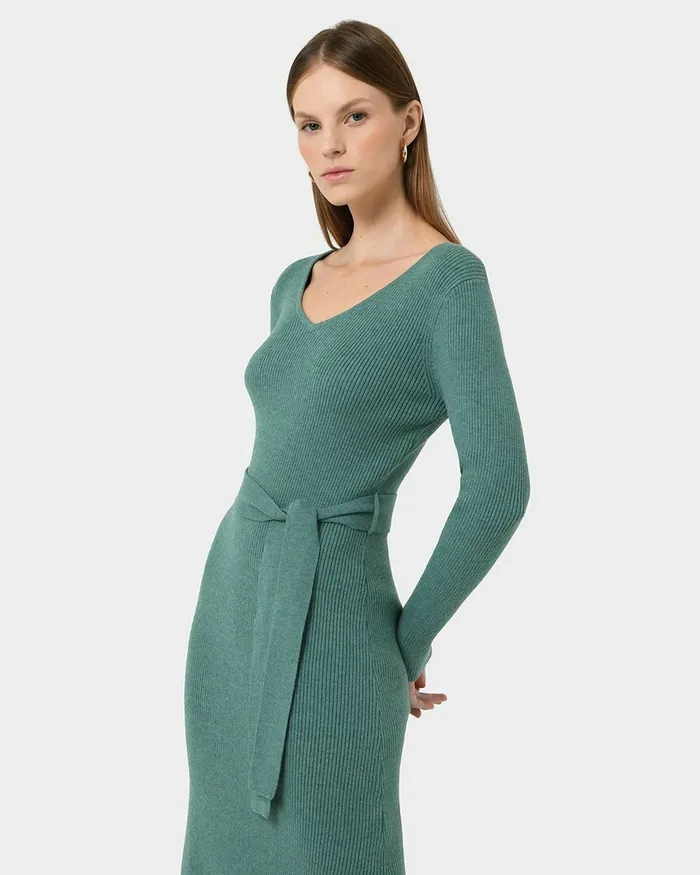 Forcast Harriet Tie Waist Knit Dress Olive Khakibalsam Women Midi Dresses