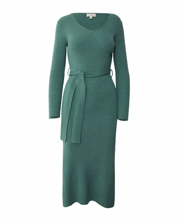 Forcast Harriet Tie Waist Knit Dress Olive Khakibalsam Women Midi Dresses