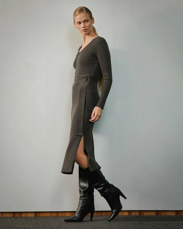 Forcast Harriet Tie Waist Knit Dress Olive Khakibalsam Women Midi Dresses