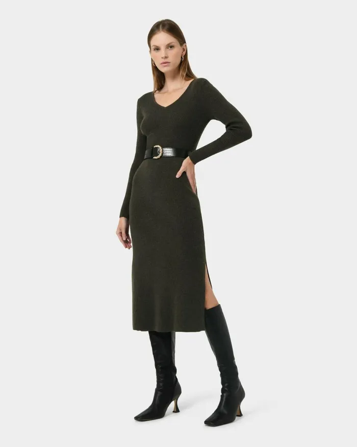 Forcast Harriet Tie Waist Knit Dress Olive Khakibalsam Women Midi Dresses