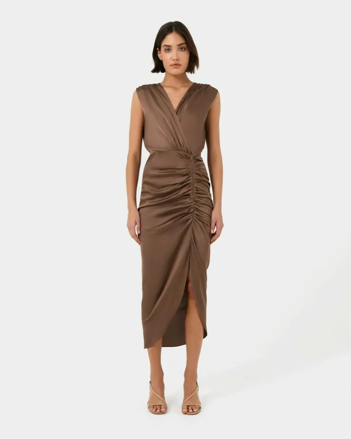 Forcast Hayden Side Ruched Dress Dark Camel Women Midi Dresses