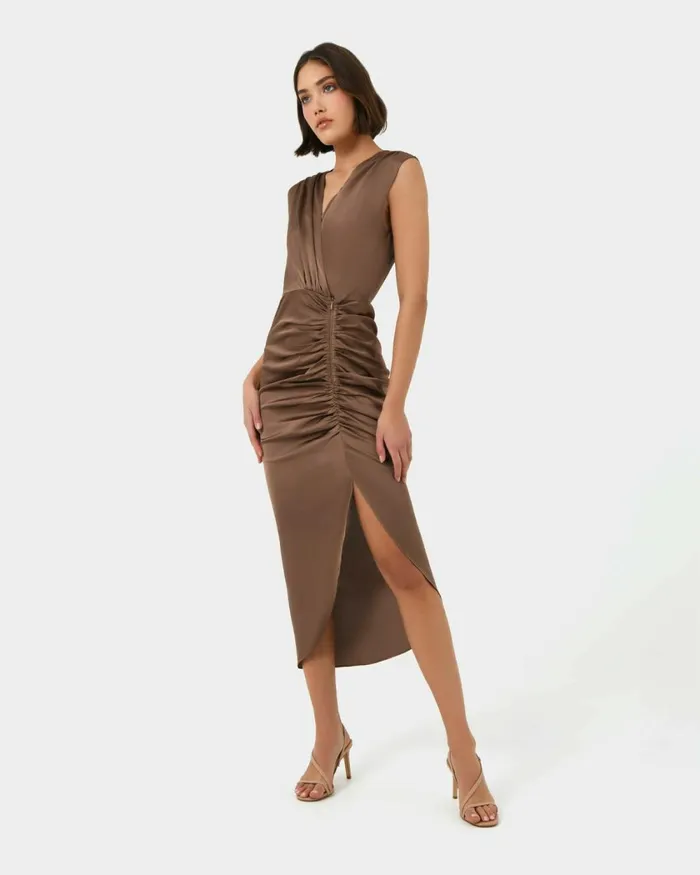 Forcast Hayden Side Ruched Dress Dark Camel Women Midi Dresses