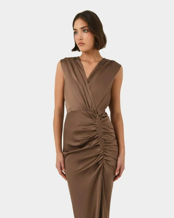 Forcast Hayden Side Ruched Dress Dark Camel Women Midi Dresses