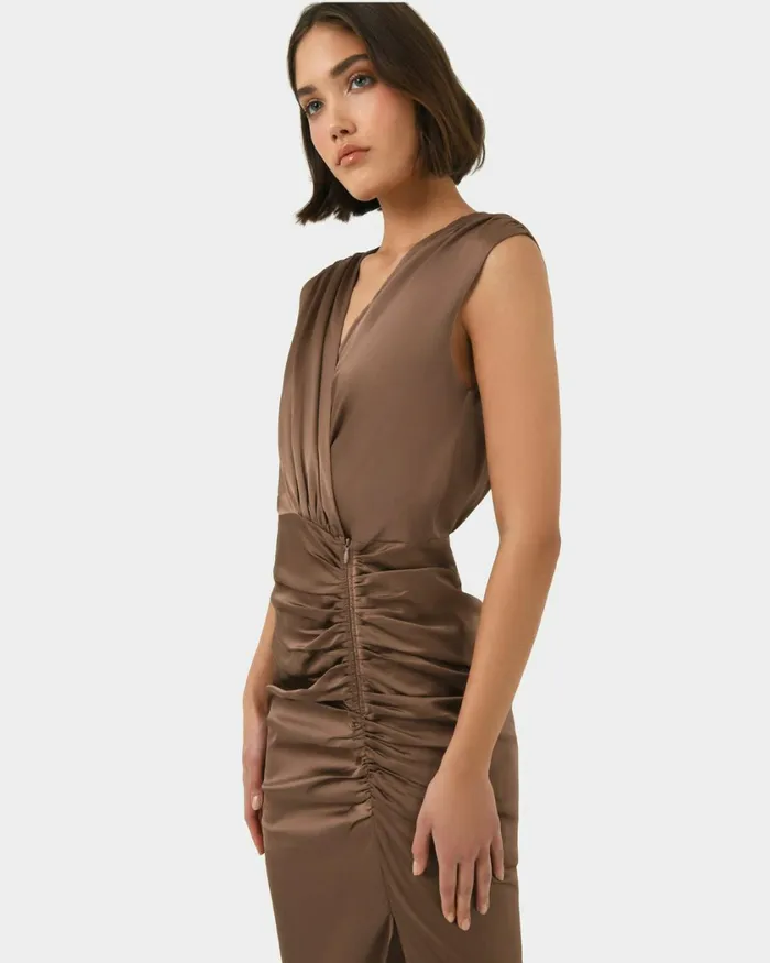 Forcast Hayden Side Ruched Dress Dark Camel Women Midi Dresses