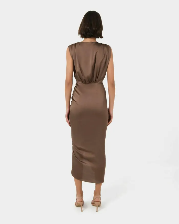 Forcast Hayden Side Ruched Dress Dark Camel Women Midi Dresses