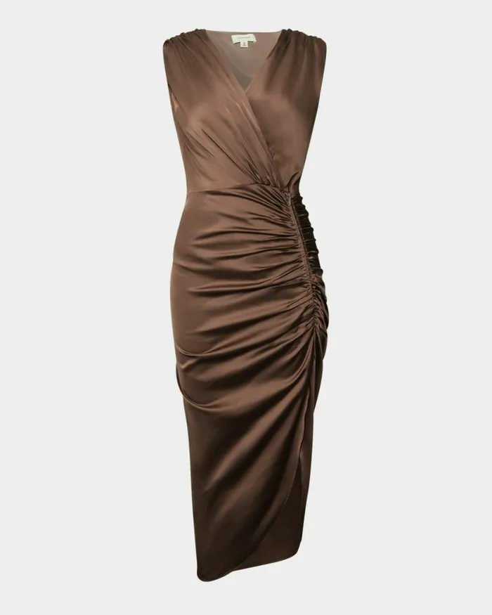 Forcast Hayden Side Ruched Dress Dark Camel Women Midi Dresses