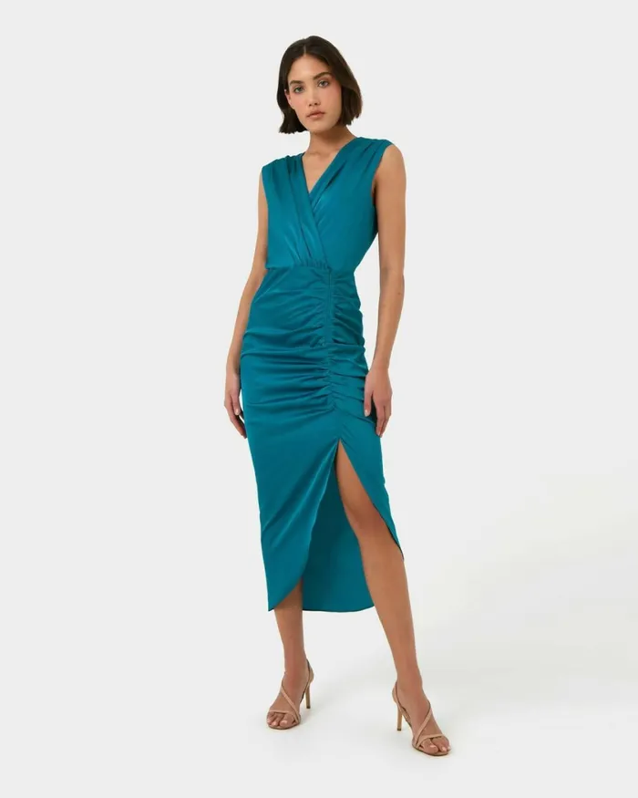Forcast Hayden Side Ruched Dress Teal Women Midi Dresses