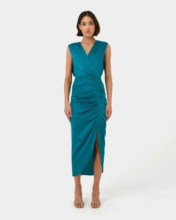 Forcast Hayden Side Ruched Dress Teal Women Midi Dresses