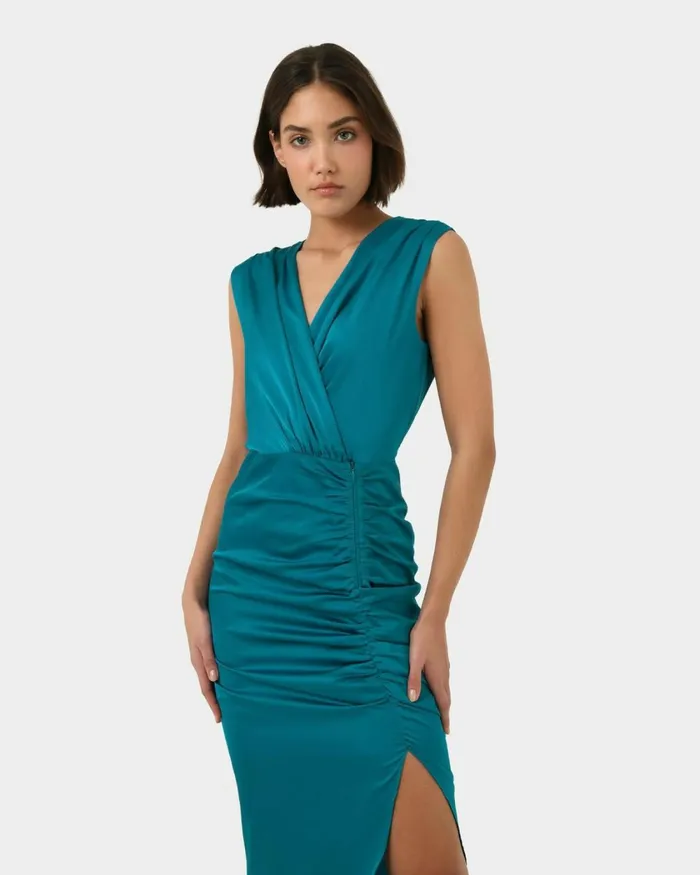 Forcast Hayden Side Ruched Dress Teal Women Midi Dresses