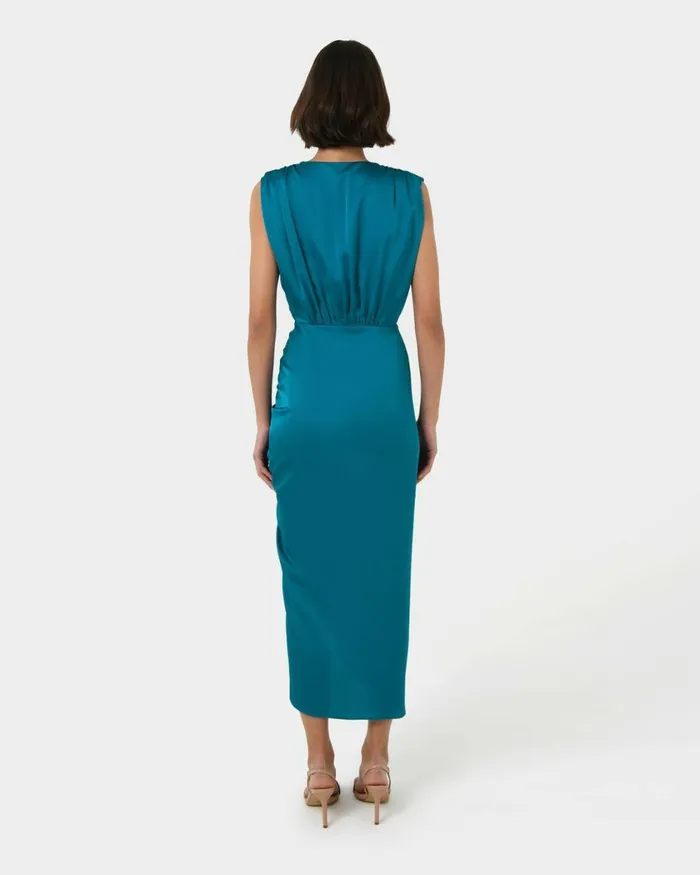Forcast Hayden Side Ruched Dress Teal Women Midi Dresses