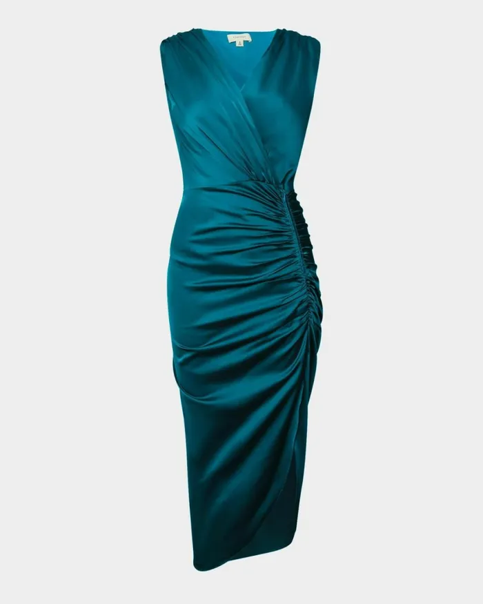 Forcast Hayden Side Ruched Dress Teal Women Midi Dresses