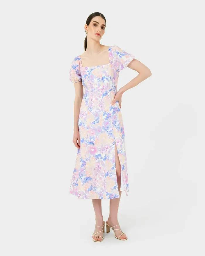 Forcast Hazy Linen Puff Sleeve Dress Summer Beige Women Midi Dresses