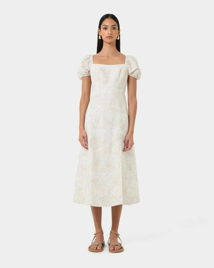 Forcast Hazy Linen Puff Sleeve Dress Summer Beige Women Midi Dresses