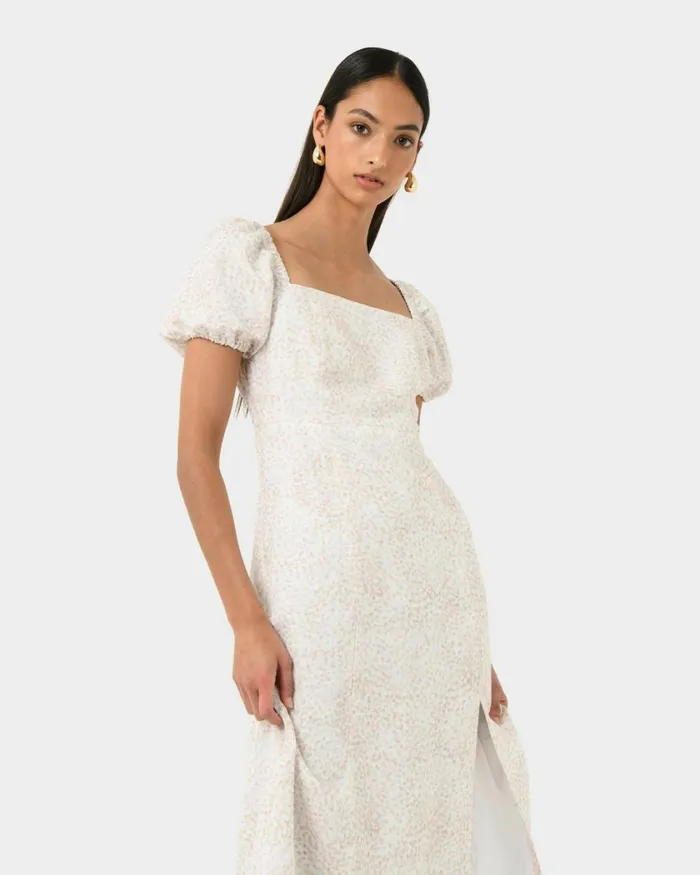 Forcast Hazy Linen Puff Sleeve Dress Summer Beige Women Midi Dresses