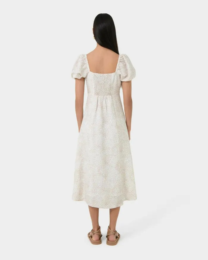 Forcast Hazy Linen Puff Sleeve Dress Summer Beige Women Midi Dresses