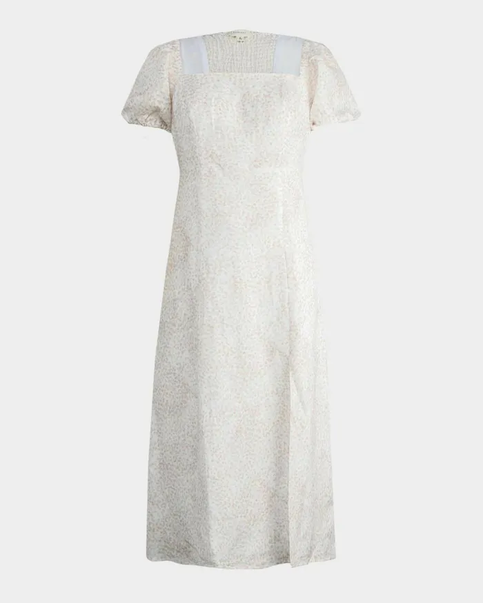 Forcast Hazy Linen Puff Sleeve Dress Summer Beige Women Midi Dresses