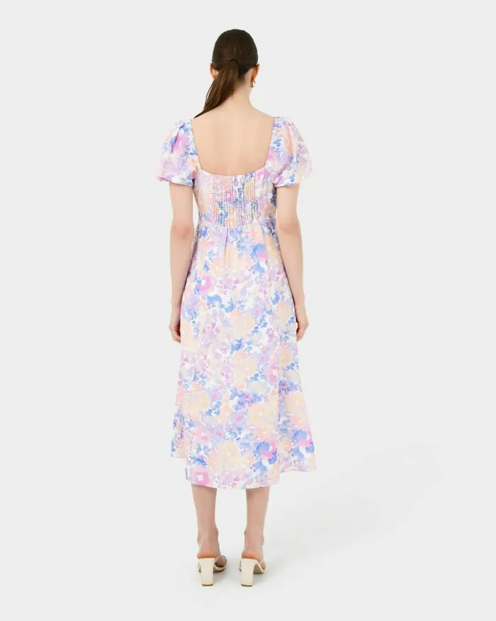 Forcast Hazy Linen Puff Sleeve Dress Summer Beige Women Midi Dresses
