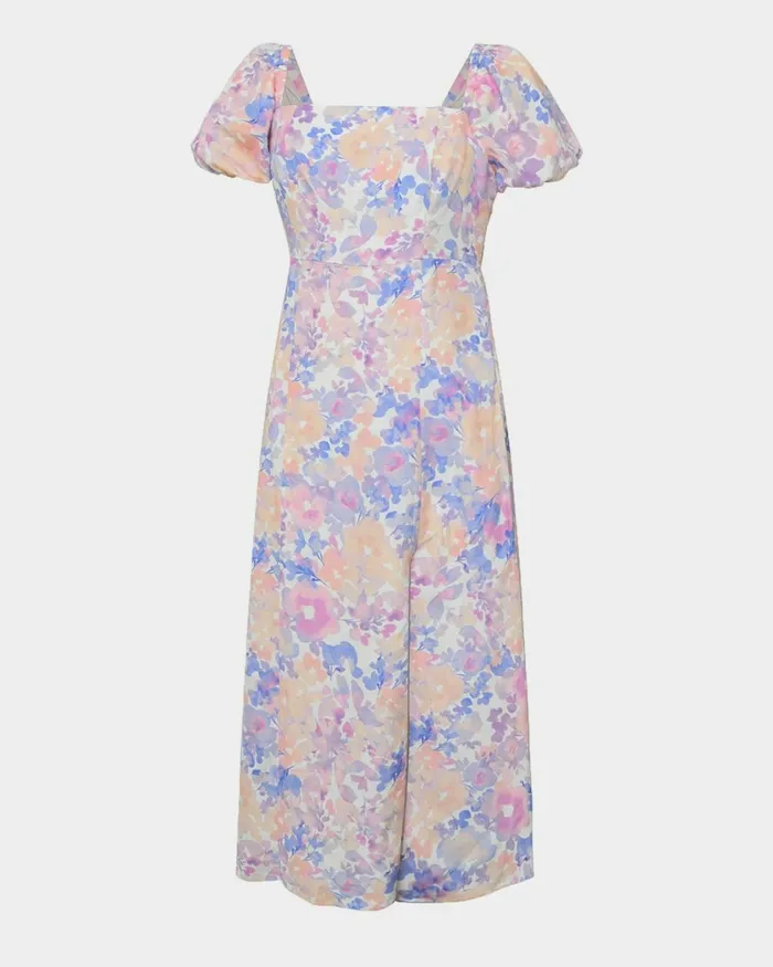 Forcast Hazy Linen Puff Sleeve Dress Summer Beige Women Midi Dresses
